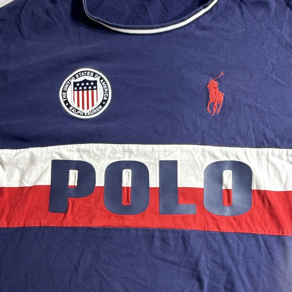 Polo Ralph Lauren Mens Colorblock USA Logo Patch Crew Neck Tee Shirt Blue Red M